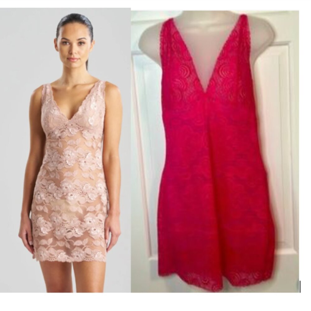 Josie Natori Semi-Sheer All-over Lace Chemise - Deep Pink/Red